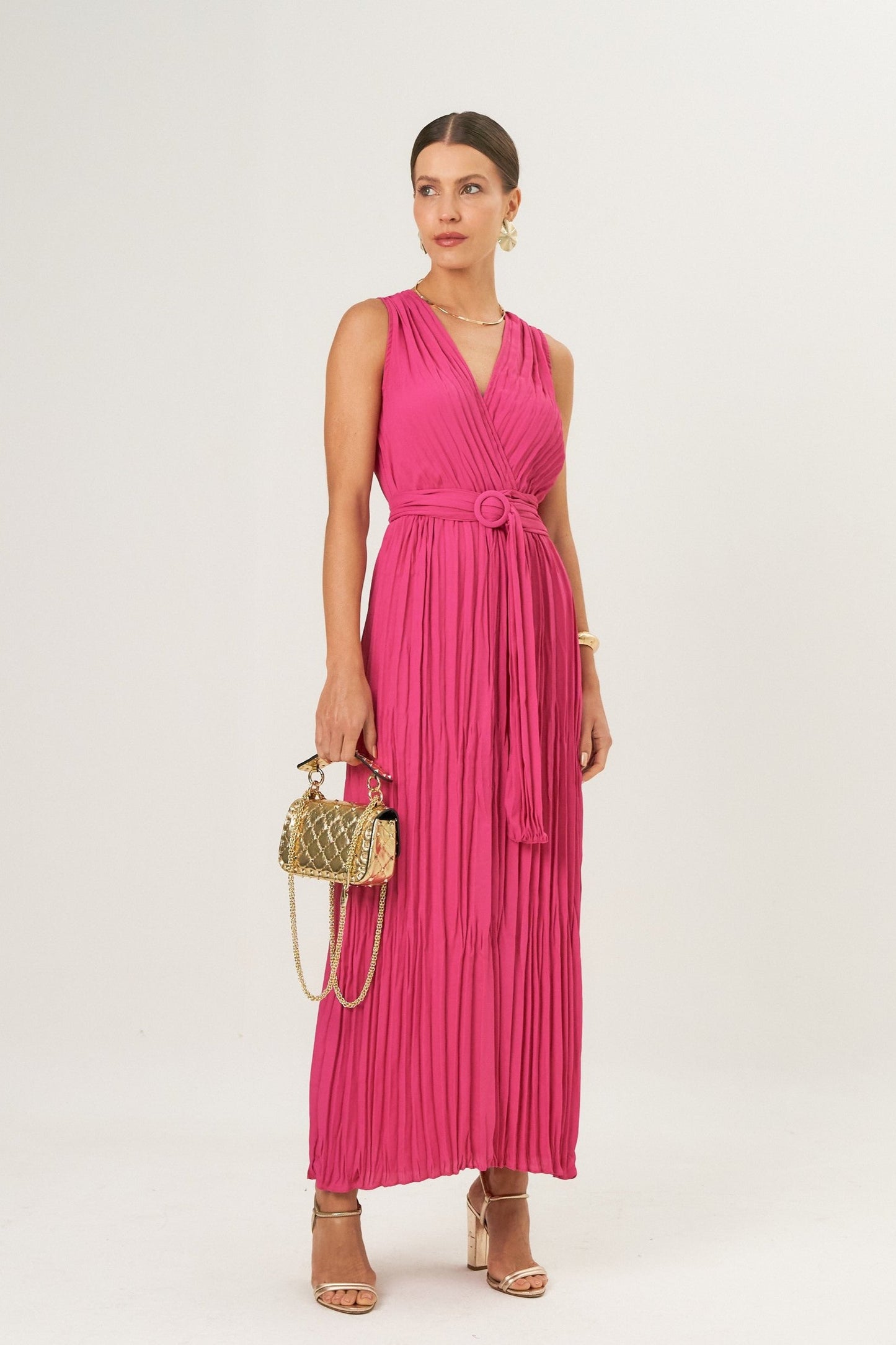 Vestido Plissado Crepe Pink