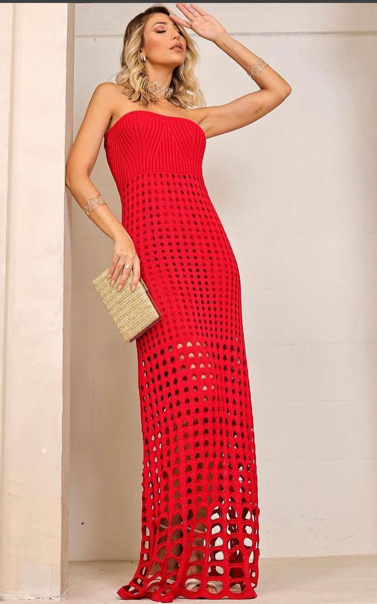Vestido Tricô Longo Trama Furada