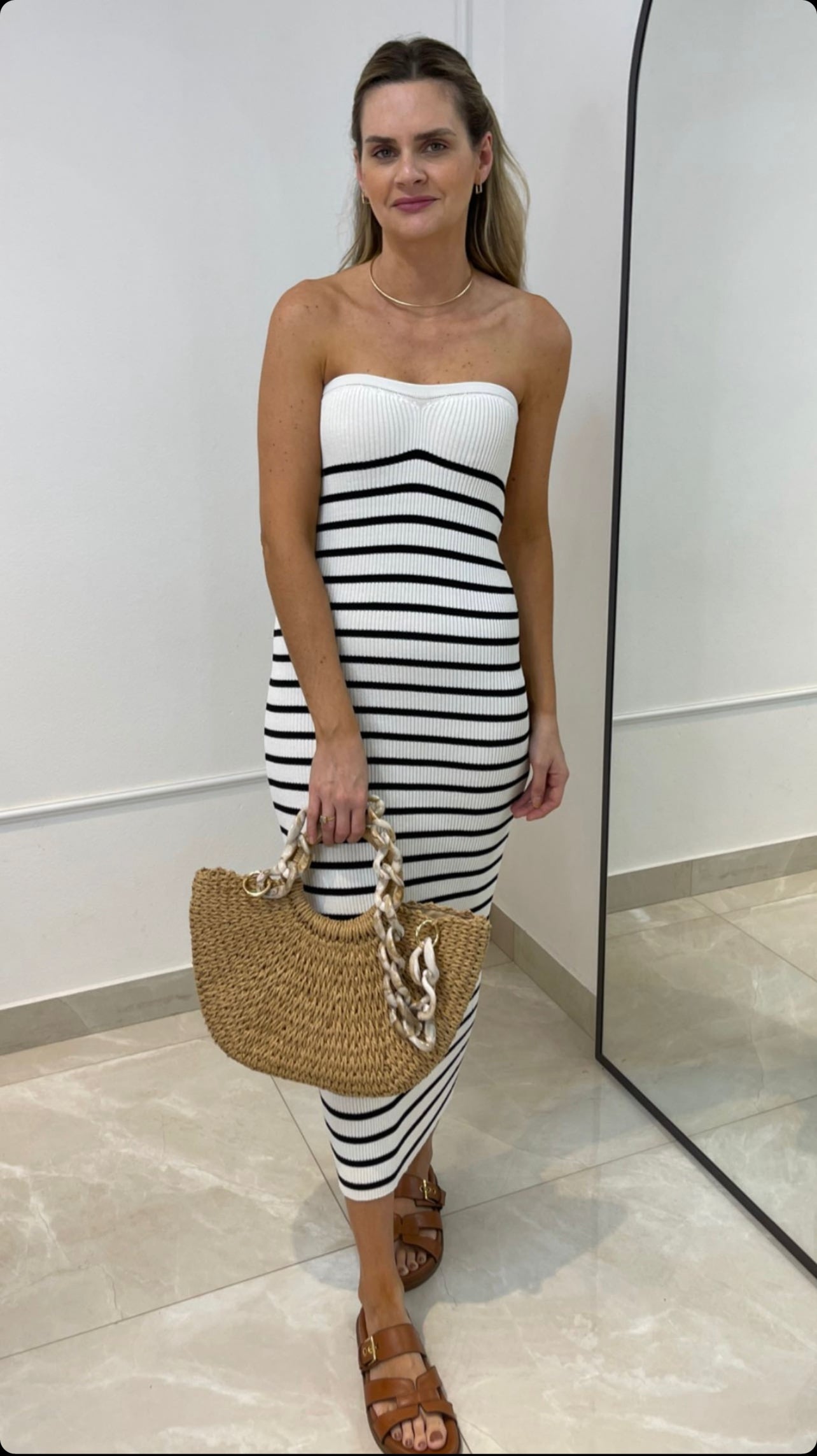 Vestido Tricô Listrado Tomara Que Caia