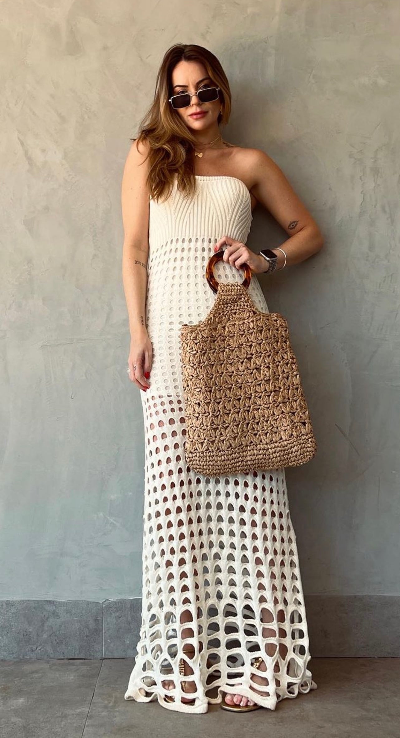 Vestido Tricô Longo Trama Furada