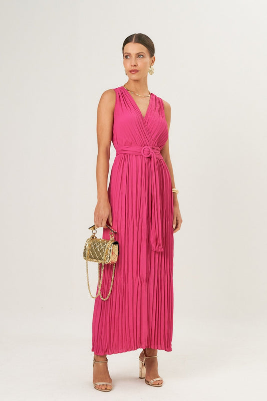 Vestido Plissado Crepe Pink