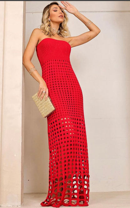Vestido Tricô Longo Trama Furada