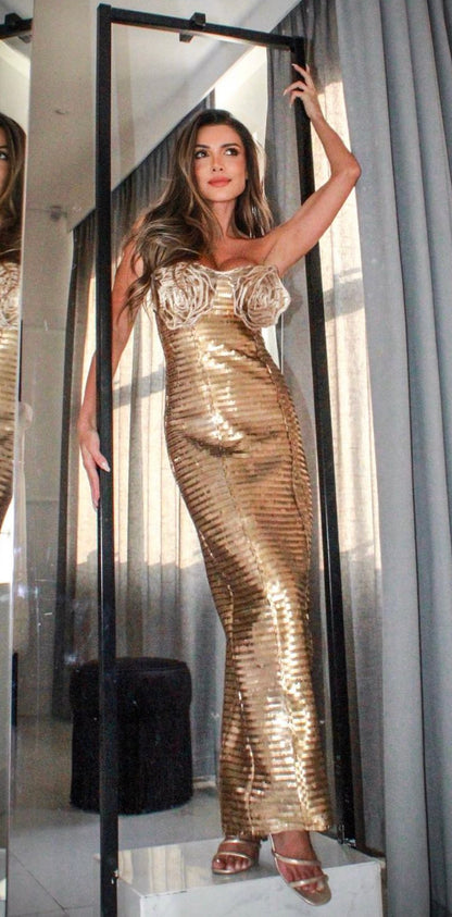 Vestido Paetê Gold Tomara que Caia