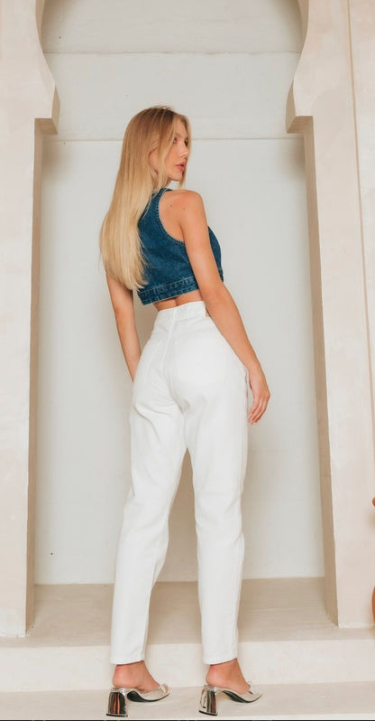 Calça Mom Sarja Branca