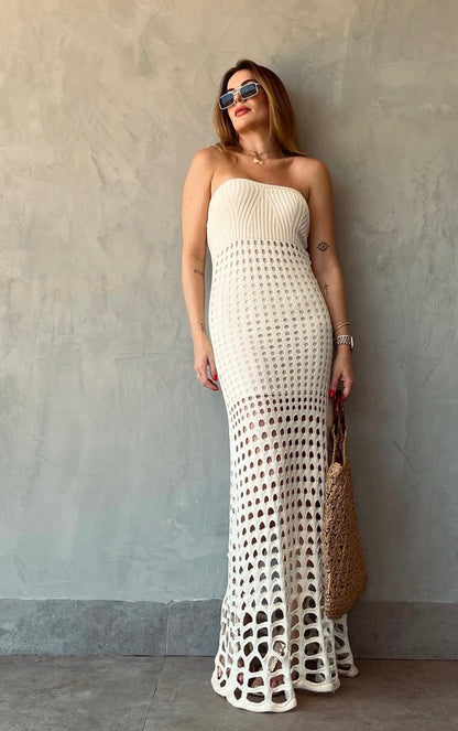 Vestido Tricô Longo Trama Furada