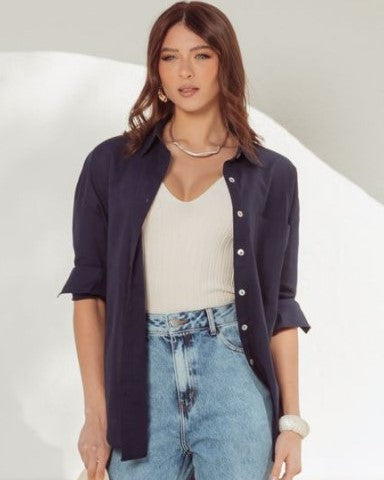 Camisa Oversized Linho Rami Marinho
