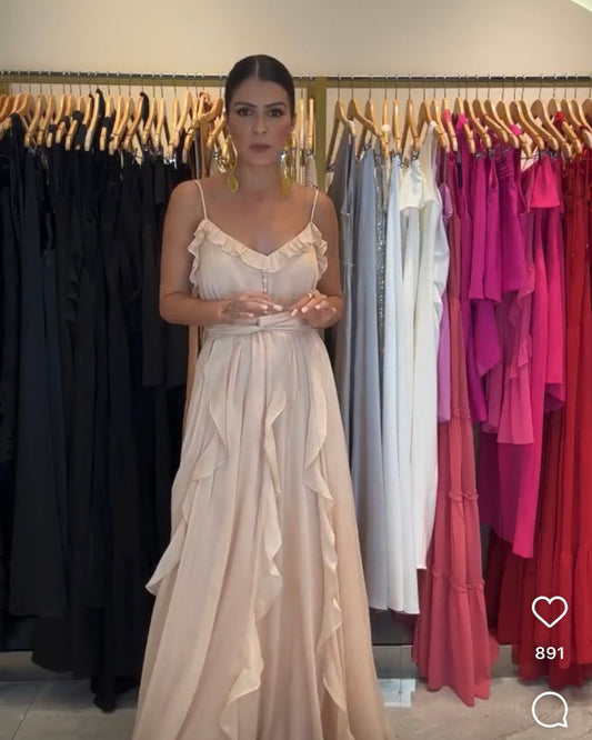 Vestido Longo Chiffon Babado Esmeral