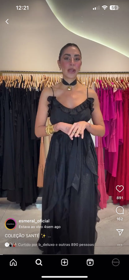 Vestido Longo Chiffon Babado Esmeral